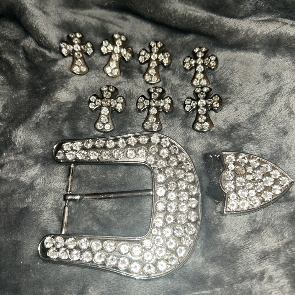 Rhinestone Western Belt Buckle Set Crosses Arrowhead Silver Tone Bling Rodeo